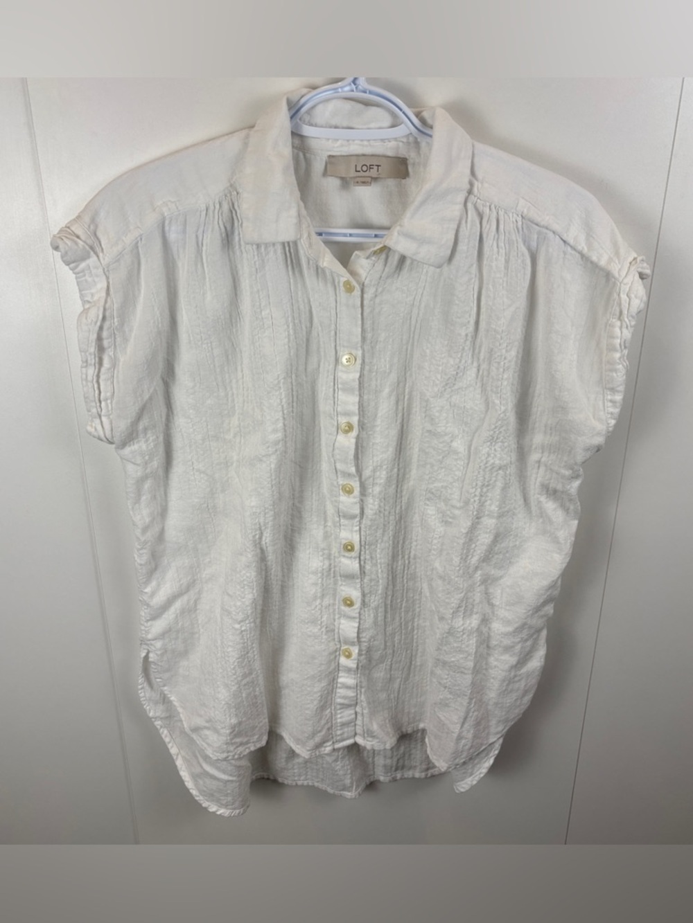 LOFT Gauzy White Cotton Button Up Blouse Rolled Cap Short Sleeve sz S Breezy Top